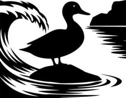 Silhouette of Duck on River Rock with Flowing Water Waves vector