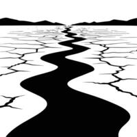 Cracked Riverbed Silhouette Stretching to Horizon in Desert on White Background vector