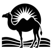 Camel Silhouette Against Setting Sun in Desert Scene on White Background vector