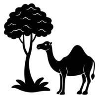 Camel Silhouette Resting Under Tree Shade in Desert on White Background vector