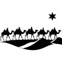 Caravan of Camel Silhouettes Crossing a Flat Desert on White Background vector