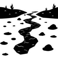 Dry Riverbed Silhouette with Scattered Rocks and Plants on White Background vector