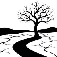 Lone Tree Silhouetted Beside a Dry Riverbed on White Background vector