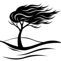 Lone Tree Silhouetted Bending Against Strong Winds on White Background vector