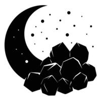 Scattered Boulders Silhouetted Under a Crescent Moon on White Background vector
