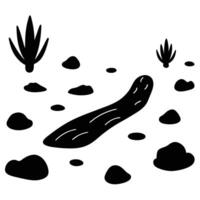 Dry Streambed Silhouette with Pebbles and Cacti on White Background vector