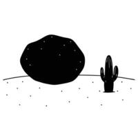 Isolated Boulder Silhouetted in Flat Desert with Nearby Cactus vector