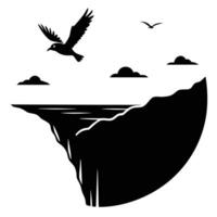 Cliff Jutting into Ocean with Seagull Silhouette vector