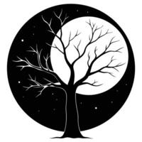 Bare Tree with Few Leaves Under Glowing Moon vector