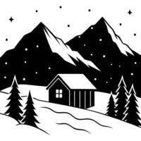 Distant Cabin Surrounded by Snow-Covered Hills vector