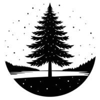 Pine Tree by Frozen Lake Under Fading Light vector