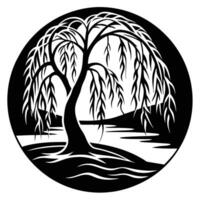 Willow Tree Silhouetted with Curved Branches at the Edge of Water vector