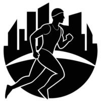 Athlete Silhouetted Running with a City Skyline in the Background vector
