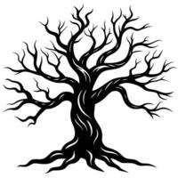 Ancient Tree Silhouetted with Twisted Branches in a Foggy Forest vector