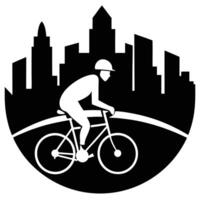 Cyclist Silhouetted with City Skyline Behind vector