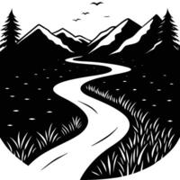 Silhouetted Quiet River Running Through Open Meadows vector