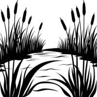 River Silhouetted with Reeds and Cattails vector
