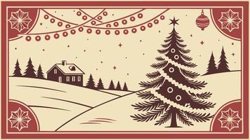 Christmas card with a christmas tree and house vector