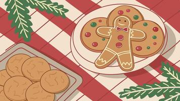 A plate of cookies and a gingerbread man on a checkered tablecloth vector
