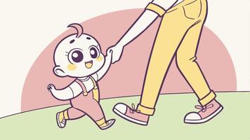 A cartoon drawing of a baby walking with its mother vector