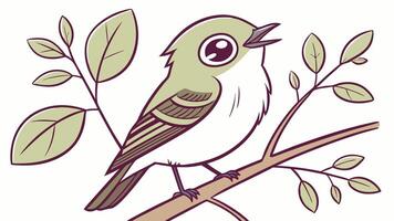 A cartoon bird sitting on a branch with leaves vector
