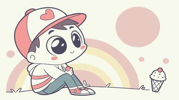A cartoon boy sitting on the ground with an ice cream cone vector