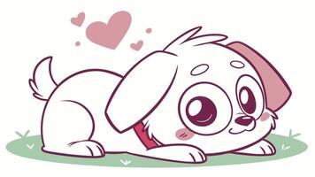 A cartoon dog laying on the grass with hearts around it vector