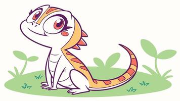 A cartoon lizard sitting on grass with a green background vector
