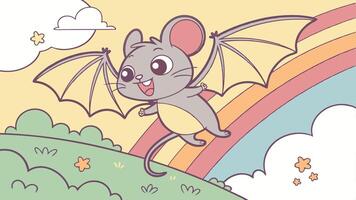 A cartoon mouse with wings flying over a rainbow vector