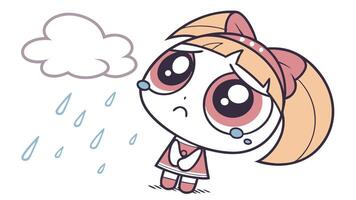 A cartoon girl with a sad face and rain clouds vector