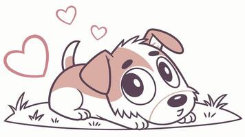 A cartoon dog laying on the grass with hearts around it vector