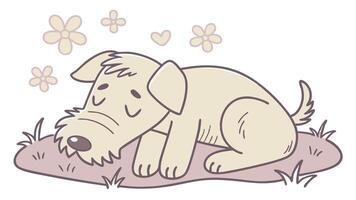 A cartoon dog laying on the ground with flowers around it vector