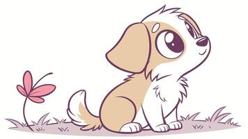 A cartoon dog sitting on the grass with a butterfly vector
