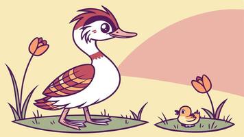 A cartoon duck and baby duck in the grass vector