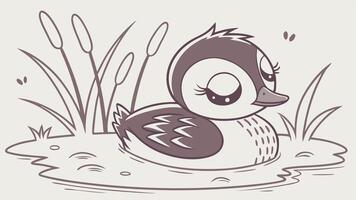 A cute duck sitting in the water with reeds vector