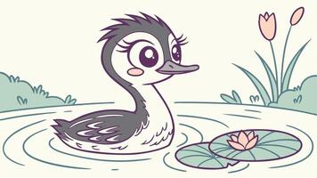 A cartoon duck swimming in a pond with a lily pad vector