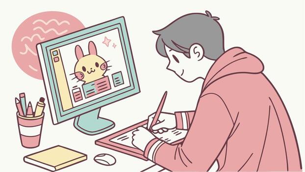 un hombre es trabajando en un computadora con un conejito en el pantalla vector