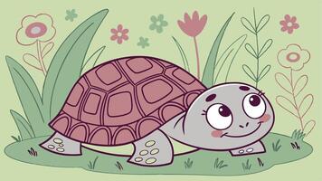 A cartoon turtle in the grass with flowers vector