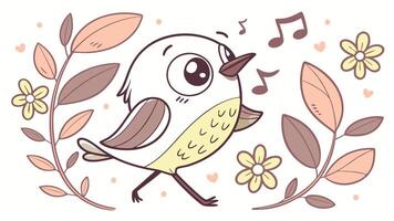 Cute little bird singing with flowers and music notes illustration vector
