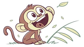 A cartoon monkey sitting in the grass with leaves vector