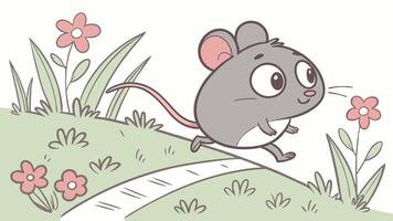 Cartoon mouse running on a path with flowers vector