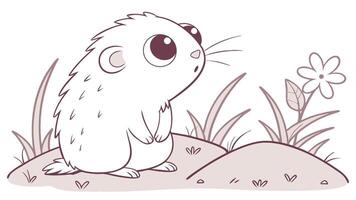 A cartoon hamster sitting in the grass with flowers vector