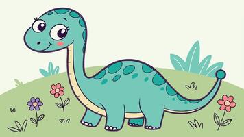 A cartoon dinosaur with flowers and grass vector