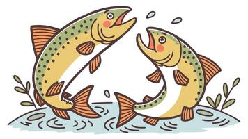 Two brown trout fish jumping in the water vector