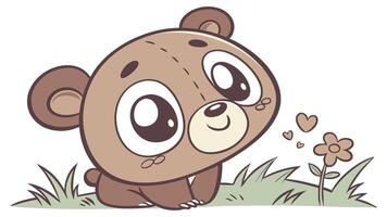 Cute cartoon bear with flowers and grass vector
