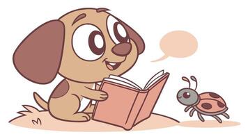 A cartoon dog reading a book with a ladybug vector
