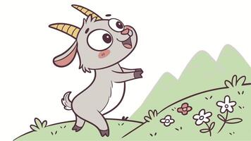 Cartoon goat standing on a hill with flowers vector