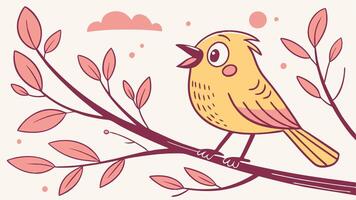 A cartoon bird sitting on a branch with leaves vector