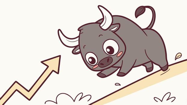 A cartoon bull is running up a hill with an arrow pointing up vector