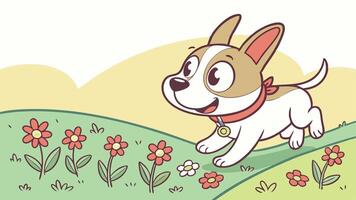 A cartoon dog running through a field of flowers vector